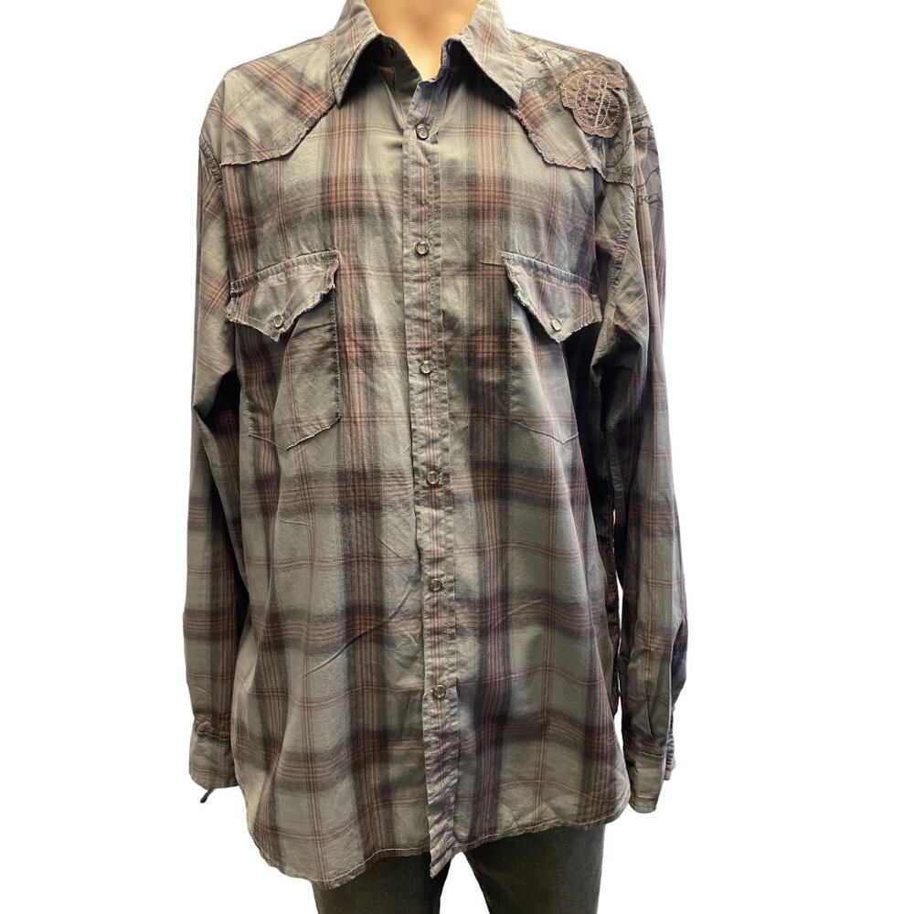 Guess Men's Gray/Wine Western Long Sleeve Plaid Shirt XL SKU 2608